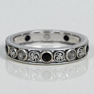 Brighton Silver Tone Hinged Bangle Bracelet Black Clear Rhinestones Filigree